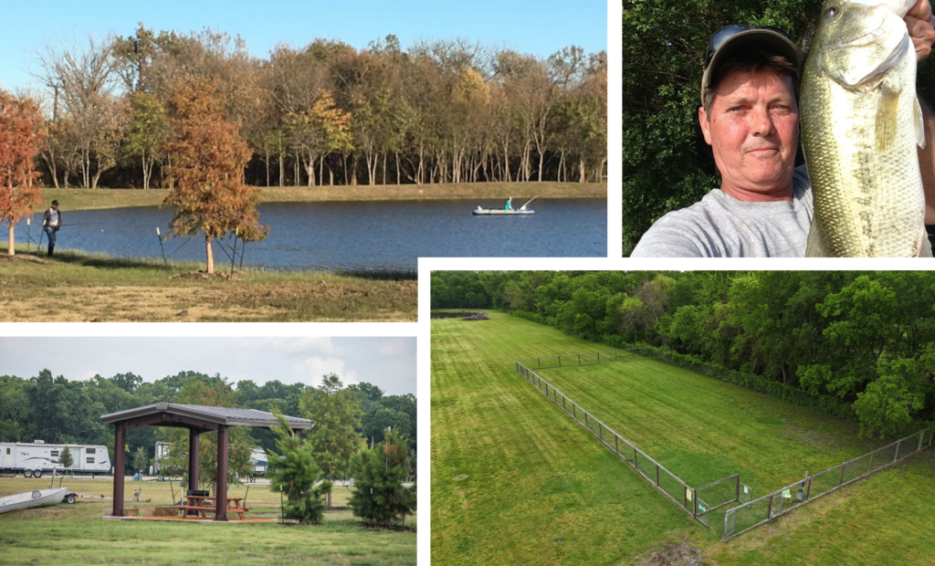 Dog park and recreational amenities at Holiday Road RV Park, including fishing pond and covered pavilion.